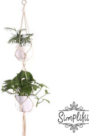 Simplifii - Trendy Macrame Plantenhanger - Macrame koord plant ophangen - Bloempot ophangen - Macrame knopen - Macrame touw - 100% Katoen - Voor 2 planten - Voor binnen én buiten - Botanische stijl