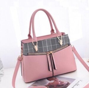 Stitching Plaid Leisure Fashion PU Slant Shoulder Bag Handbag(Pink)