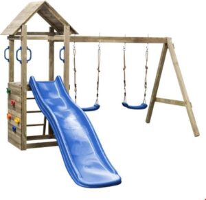 SwingKing speeltoestel - Maria - met blauwe 1,75 m glijbaan - dubbele schommel