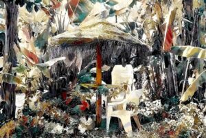 Terras met houten parasol en tropische planten op het strand in Benajarafe in Spanje, Andalusië, Malaga | modern, sfeer | Foto schilderij print op Dibond / Aluminium (metaal wanddecoratie) | 45x30cm