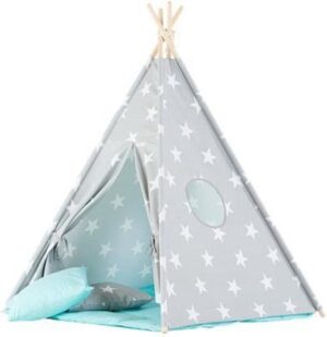 Tipi Tent / Speeltent Kinderkamer Stars Grey met Blauwe speelmat - Speeltent voor Kinderen - Kindertent - Indianentent - Wigwam 100x100x120cm