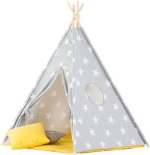 Tipi Tent / Speeltent Kinderkamer Stars Grey met Gele speelmat - Speeltent voor Kinderen - Kindertent - Indianentent - Wigwam 100x100x120cm