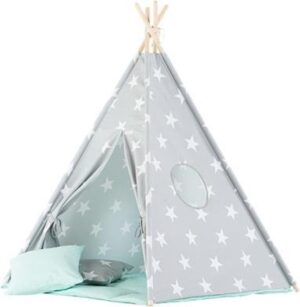 Tipi Tent / Speeltent Kinderkamer Stars Grey met Mintgroene speelmat - Speeltent voor Kinderen - Kindertent - Indianentent - Wigwam 100x100x120cm