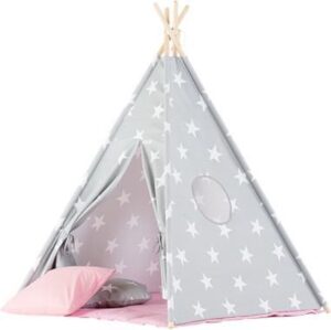 Tipi Tent / Speeltent Kinderkamer Stars Grey met Roze speelmat - Speeltent voor Kinderen - Kindertent - Indianentent - Wigwam 100x100x120cm