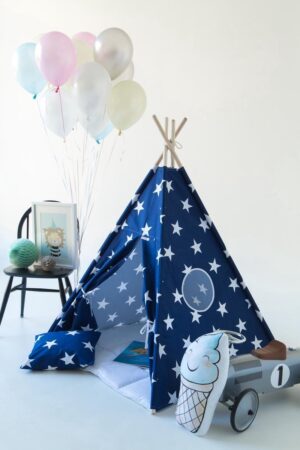 Tipi Tent - Speeltent - Tent -Wigwam - Blauwe Tipi met Witte sterren - Inclusief Witte Speelmat & kussensloop