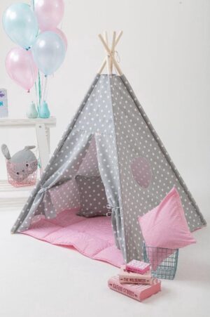 Tipi Tent - Speeltent - Tent -Wigwam - Grijze Tipi met Witte Rondjes - Inclusief Roze Speelmat & Kussensloop