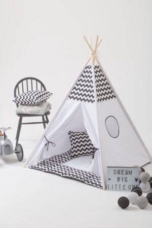 Tipi Tent - Speeltent - Tent -Wigwam - Zwart / Wit Zigzag patroon - Inclusief Speelmat & Kussensloop