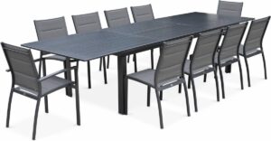 Tuinset Odenton, 1 uitschuifbare tafel, 2 fauteuils, 8 stoelen van aluminium en textileen