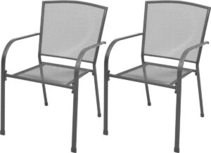 Tuinstoel Grijs Staal 2 STUKS Stapelbaar / Tuin stoelen / Buiten stoelen / Balkon stoelen / Relax stoelen