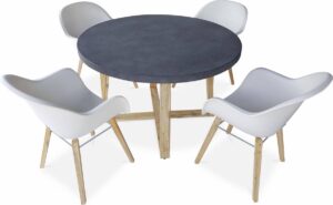 Tuintafel vezelcement 120cm BORNEO en 4 stoelen scandinavische stijl CELEBES wit