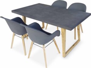 Tuintafel vezelcement 160cm BORNEO en 4 stoelen scandinavische stijl CELEBES grijs