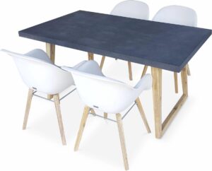 Tuintafel vezelcement 160cm BORNEO en 4 stoelen scandinavische stijl CELEBES wit