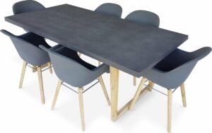 Tuintafel vezelcement 200cm BORNEO en 6 stoelen scandinavische stijl CELEBES grijs