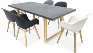 Tuintafel vezelcement 200cm BORNEO en 6 stoelen scandinavische stijl CELEBES wit