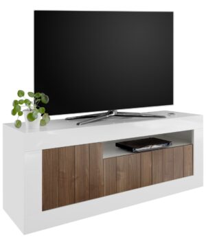 Tv-meubel Urbino 138 cm breed in hoogglans wit met walnoot