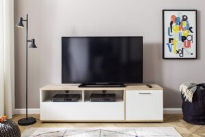 Usus TV-meubel met 1 deur, 1 lade en 2 planken, wit en eiken decor.