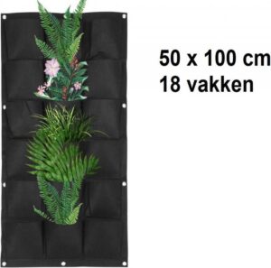 Verticale tuin met 18 grote vakken - 100cm x 50cm- hangende tuin - zwart - zwarte wand - groene muur - verticale moestuin zakken - plantenhanger balkon - plantenbak - plantenzak, 1 x 0.5 meter, zwart
