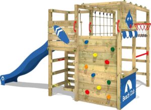 WICKEY Klimtoren Smart Tactic met blauwe glijbaan, Houten speeltoestel, klimrek met klimwand voor kinderen