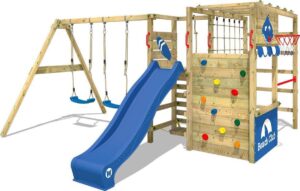 WICKEY Klimtoren Smart Zone met schommel en blauwe glijbaan, Houten speeltoestel, klimrek met klimwand voor kinderen
