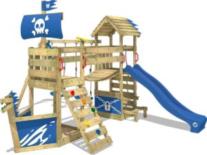 WICKEY Speeltoestel GhostFlyer met schommel en blauwe glijbaan, Houten speeltuig, Klimtoestel voor buiten met zandbak en klimladder, Speelhuis voor kinderen