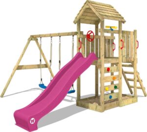 WICKEY Speeltoestel MultiFlyer HD met schommel en violette glijbaan, Houten speeltoren met dak, zandbak en klimladder voor kinderen