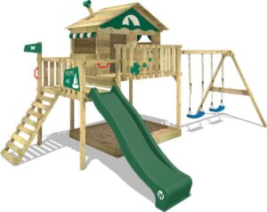 WICKEY Speeltoestel Smart Coast met schommel en groene glijbaan, Houten speelhuis met zandbak en klimladder voor kinderen