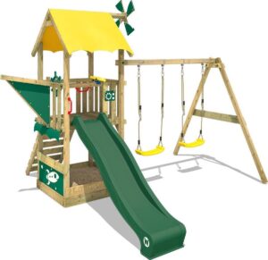 WICKEY Speeltoestel Smart Pilot met schommel en groene glijbaan, Houten speeltuig, Klimtoestel voor buiten met zandbak en klimladder, Speelhuis voor kinderen