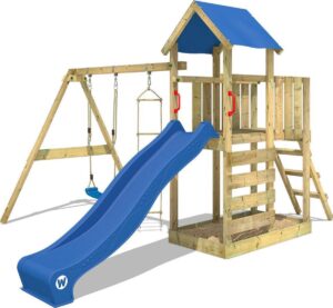 WICKEY Speeltoestel voor tuin FastFlyer met schommel en blauwe glijbaan, Houten speeltuig, Speeltoren voor buiten met zandbak en klimladder voor kinderen
