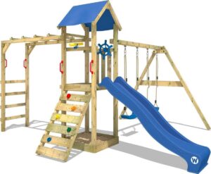 WICKEY Speeltoestel voor tuin Smart Bridge met schommel en blauwe glijbaan, Houten speeltuig, Speeltoren voor buiten met zandbak en klimladder voor kinderen