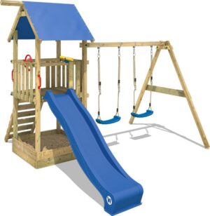 WICKEY Speeltoestel voor tuin Smart Echo met schommel en blauwe glijbaan, Houten speeltuig, Speeltoren voor buiten met zandbak en klimladder voor kinderen