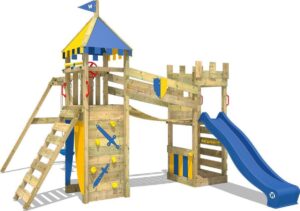 WICKEY Speeltoestel voor tuin Smart Fort met schommel en blauwe glijbaan, Houten speeltuig, Speeltoren voor buiten met zandbak en klimladder voor kinderen