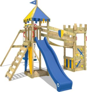WICKEY Speeltoestel voor tuin Smart Hero met schommel en blauwe glijbaan, Houten speeltuig, Speeltoren voor buiten met zandbak en klimladder voor kinderen