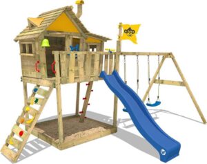 WICKEY Speeltoestel voor tuin Smart Monkey met schommel en blauwe Houten speeltuig, Speelhuis voor buiten met zandbak en klimladder voor kinderen