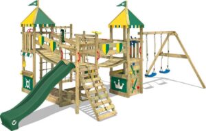 WICKEY Speeltoestel voor tuin Smart Queen met schommel en groene glijbaan, Houten speeltuig, Speeltoren voor buiten met zandbak en klimladder voor kinderen