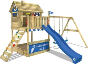 WICKEY Speeltoestel voor tuin Smart Seaside met schommel en blauwe glijbaan, Houten speeltuig, Speelhuis voor buiten met zandbak en klimladder voor kinderen