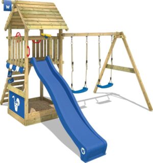 WICKEY Speeltoestel voor tuin Smart Shelter HD met schommel en blauwe glijbaan, Houten speeltuig, Speeltoren voor buiten met dak, zandbak en klimladder voor kinderen