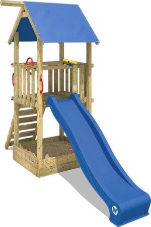 WICKEY Speeltoestel voor tuin Smart Tale met blauwe glijbaan, Houten speeltuig, Speeltoren voor buiten met zandbak en klimladder voor kinderen