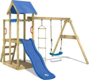 WICKEY Speeltoestel voor tuin TinyPlace met schommel en blauwe glijbaan, Houten speeltuig, Speeltoren voor buiten met zandbak en klimladder voor kinderen