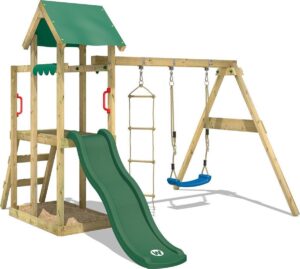 WICKEY Speeltoestel voor tuin TinyPlace met schommel en groene glijbaan, Houten speeltuig, Speeltoren voor buiten met zandbak en klimladder voor kinderen