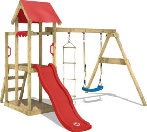 WICKEY Speeltoestel voor tuin TinyPlace met schommel en rode glijbaan, Houten speeltuig, Speeltoren voor buiten met zandbak en klimladder voor kinderen