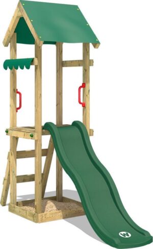 WICKEY Speeltoestel voor tuin TinySpot met groene glijbaan, Houten speeltuig, Speeltoren voor buiten met zandbak en klimladder voor kinderen