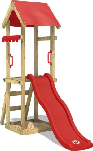 WICKEY Speeltoestel voor tuin TinySpot met rode glijbaan, Houten speeltuig, Speeltoren voor buiten met zandbak en klimladder voor kinderen
