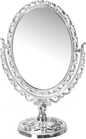 Zilveren ovale make-up spiegel op voet