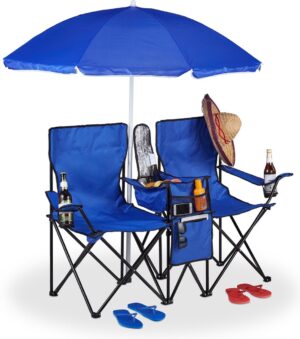 relaxdays dubbele campingstoel - strandstoel - opvouwbaar - kampeerstoel - parasol blauw