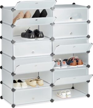relaxdays schoenenrek 12 vakken - schoenenkast XXL - groot rek - kunststof - kliksysteem doorzichtig