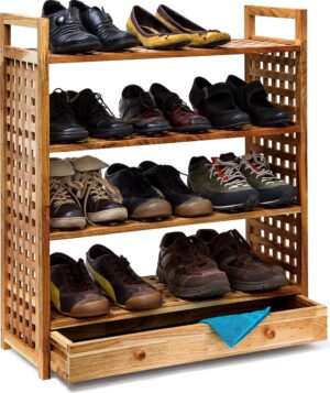 relaxdays schoenenrek met lade, hout, 4 etages schoenenkast walnoothout