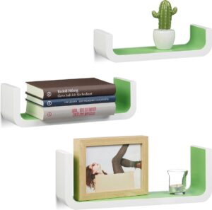 relaxdays wandplanken 3er set - U-vormige wandboards - kleine wandelementen - 10 cm diep wit-groen