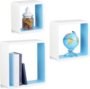 relaxdays wandplanken cube - 3er set - wandboard - zwevende wandkubussen - MDF - 3 stuks wit-blauw