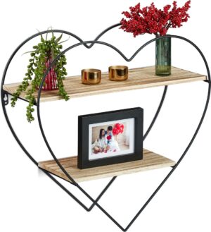 relaxdays wandrek hartvorm - wandplank hout - wandelement decoratie - 2 etages - metaal