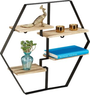 relaxdays wandrek hexagon - 4 planken - wandboard hout - wandplank zeskant - zwart
